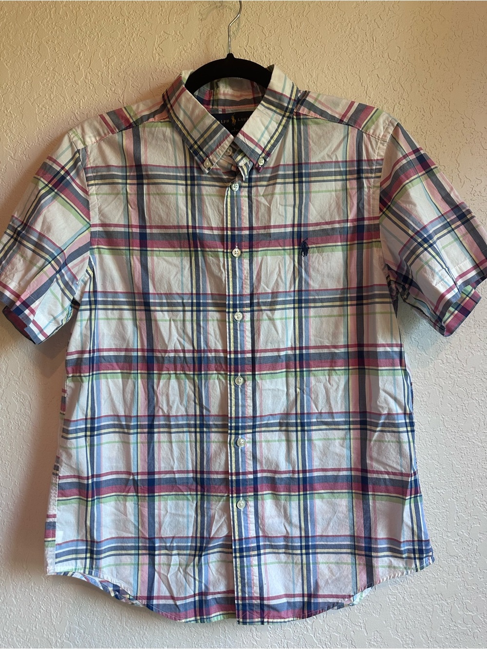 Boy’s L/women’s size small Short-Sleeve Plaid Button-Down Shirt - White Multi